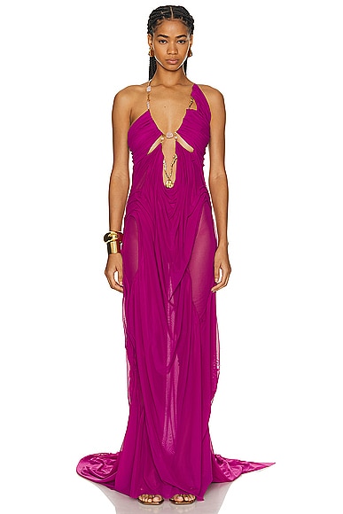 Shop Di Petsa Wetlook Venusa Long Dress In Fuchsia Purple