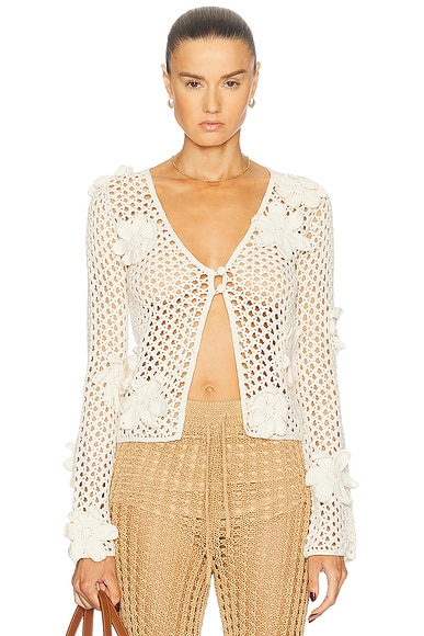 The Elder Statesman Floral Lace Crochet Cardigan in Ivory & Natural