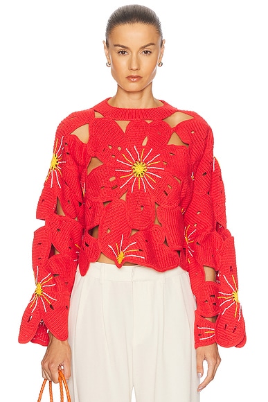 The Elder Statesman Flower Pullover Sweater in Persimmon Multi