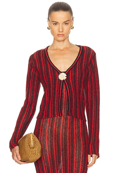 The Elder Statesman Stripe Floral Open Cardigan in Black & Tomato