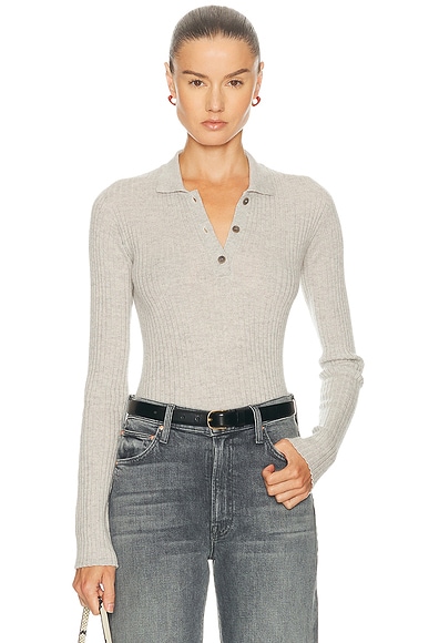 The Elder Statesman Silky Cashmere Polo Sweater in Grey