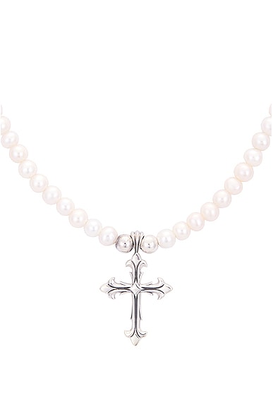 Shop Emanuele Bicocchi Pearl Necklace With Fleury Cross In White