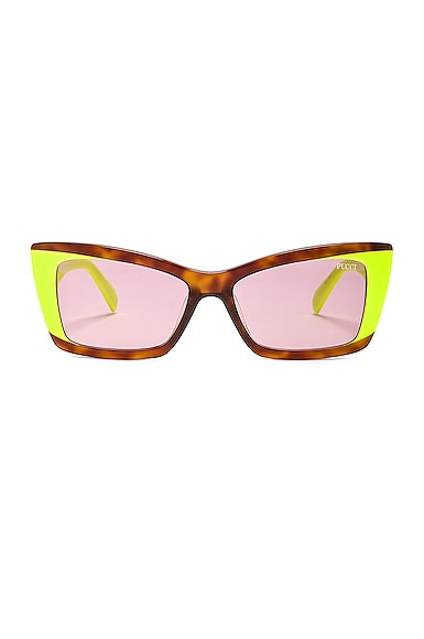 Emilio Pucci Cat Eye Acetate Sunglasses in Amber Havana, Acid Green, & Violet