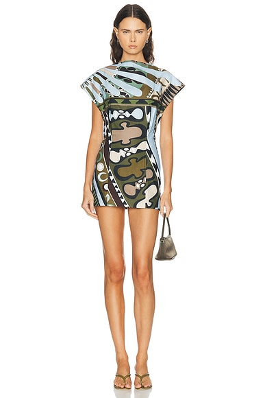 Pucci Cotton Linen Short Dress in Khaki & Blue