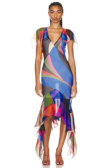 Shop Emilio Pucci Printed Silk Dress In Rosso & Blue