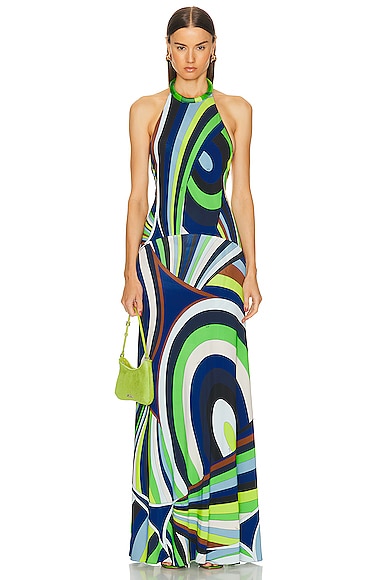 Shop Emilio Pucci Halter Maxi Dress In Verde & Avio