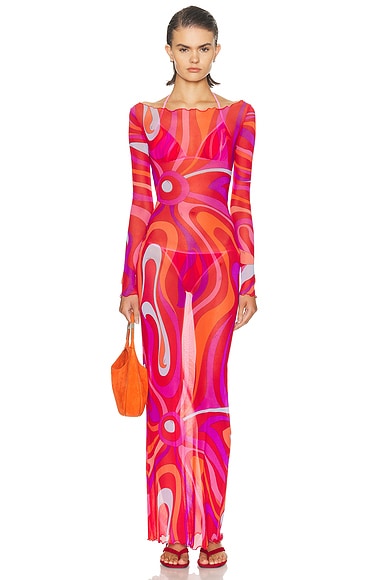Emilio Pucci Long Sleeve Maxi Dress in Corallo & Fuxia