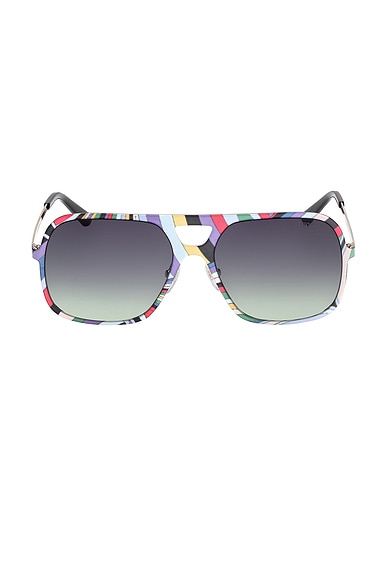 Emilio Pucci Navigator Sunglasses in Shiny Pale Gold, Multicolor Iride Print, & Gradient Smoke Green