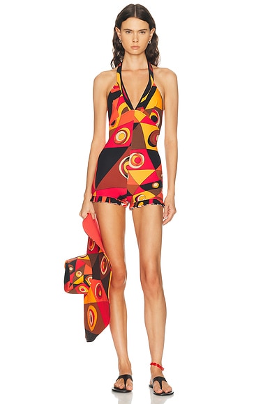 Emilio Pucci Jersey Frill Halter Romper in Orange & Black