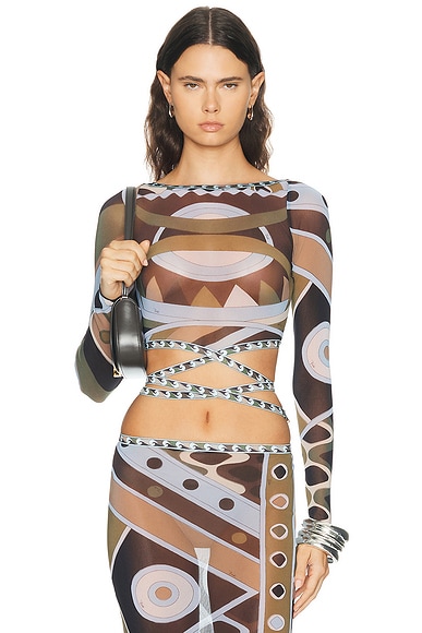 Pucci Tulle Long Sleeve Top in Khaki & Blue