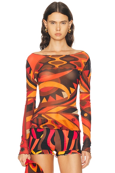 Emilio Pucci Tulle Long Sleeve Top in Orange & Black