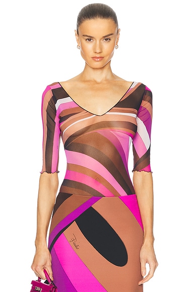 Emilio Pucci Short Sleeve Bodysuit in Fuxia & Narrone