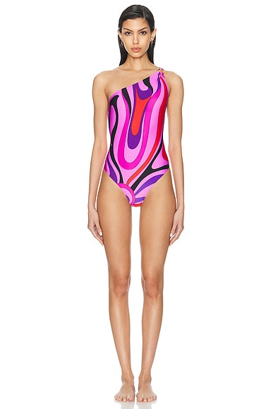 Emilio Pucci One Shoulder One Piece Swimsuit in Peonia & Rosso