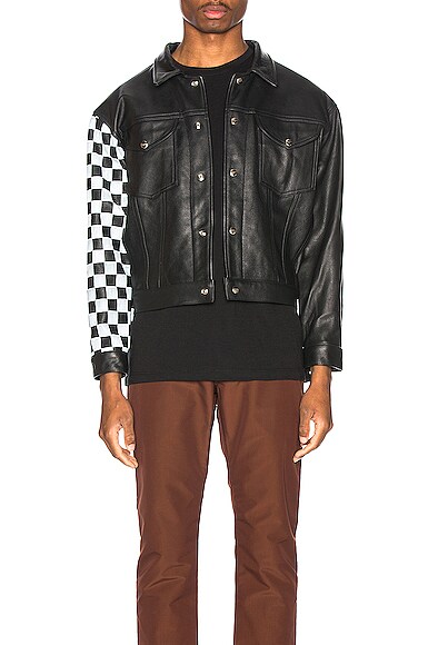 Checkered Sleeve Leather Jacket