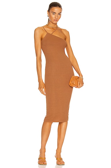 Enza Costa for Fwrd Silk Rib Strappy Asymmetric Midi Dress Brass