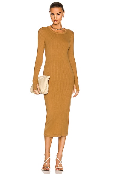 Italian Tencel Cashmere Rib Long Sleeve Crew Midi Dress