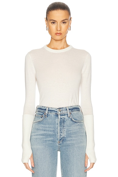 Enza Costa Fitted Cuffed Long Sleeve Crewneck Sweater in Ivory