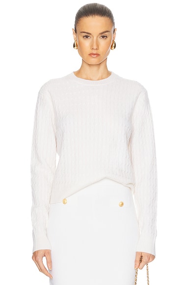 Enza Costa Powder Cashmere Cable Knit Crewneck Sweater in Chalk