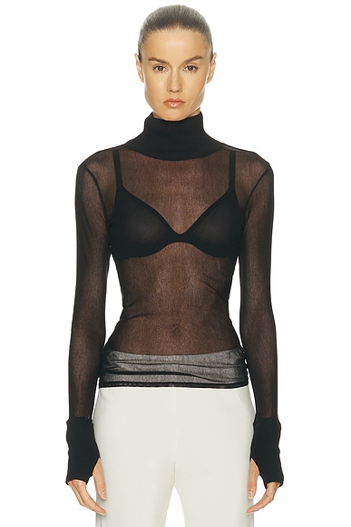 Cotton Mesh Cuffed Long Sleeve Turtleneck Sweater