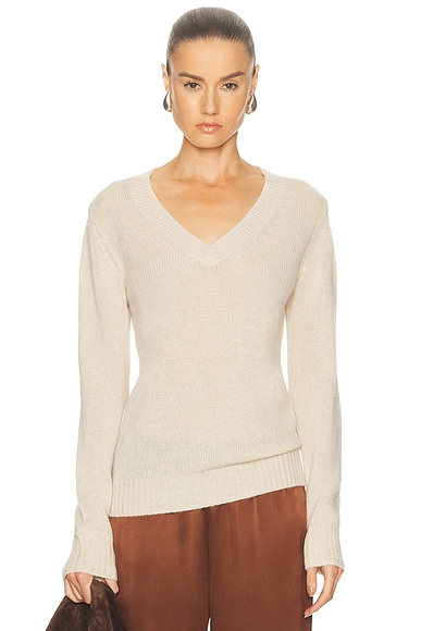 Enza Costa Cashmere V-Neck Sweater in Alabaster