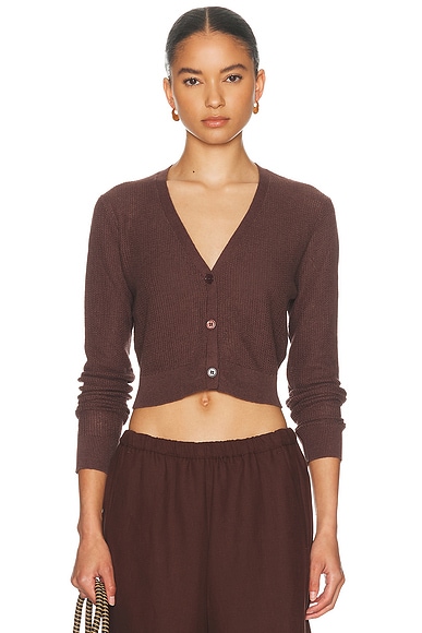 Enza Costa Linen Open Knit Cropped V Neck Cardigan in Chocolate