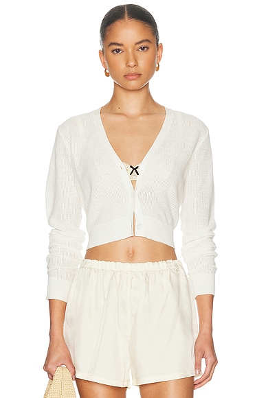 Linen Open Knit Cropped V Neck Cardigan