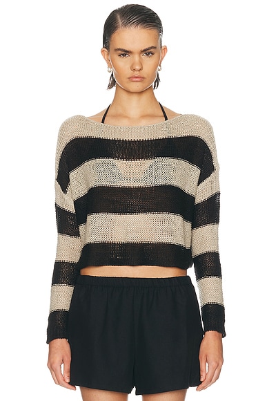 Enza Costa Stripe Linen Bateau Sweater in Black & Oatmeal
