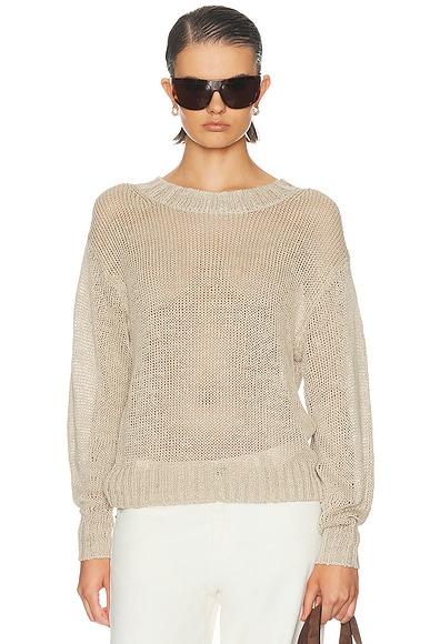 Enza Costa Linen Open Knit Crewneck Sweater in Oatmeal