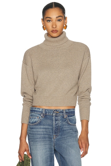Enza Costa Cotton Cashmere Funnel Neck Sweater in Taupe Heather