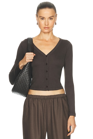 Enza Costa Supima Cotton V-Neck Cardigan in Espresso