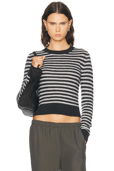 Enza Costa Cashmere Shrunken Crewneck Sweater in Classic Stripe