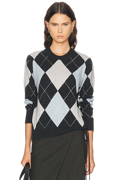 Enza Costa Cashmere Argyle Sweater in Blue Grey Argyle