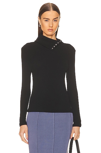 Enza Costa Sweater Knit Split Collar Long Sleeve Top in Black