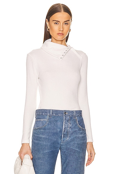 Enza Costa Sweater Knit Split Collar Long Sleeve Top in White
