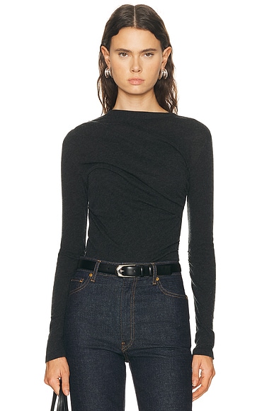 Cashmere Jersey Draped Long Sleeve Crewneck Top