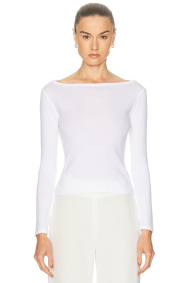 Enza Costa Fine Supima Cotton Long Sleeve Boatneck Top in White
