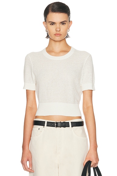 Enza Costa Linen Open Knit Cropped Short Sleeve Top in Off White