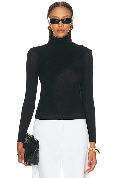 Enza Costa Sheer Cashmere Jersey Bandana Turtleneck Top in Black