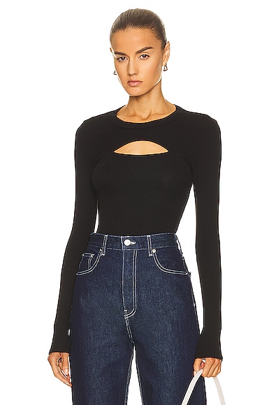 Enza Costa Silk Knit Long Sleeve Cut Out Crew Neck Top in Black | FWRD