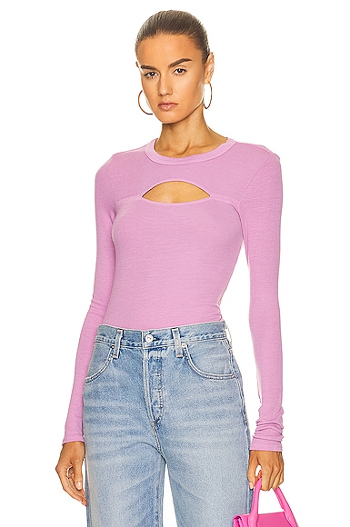 Enza Costa Silk Knit Long Sleeve Cut Out Crew Neck Top in Lavender