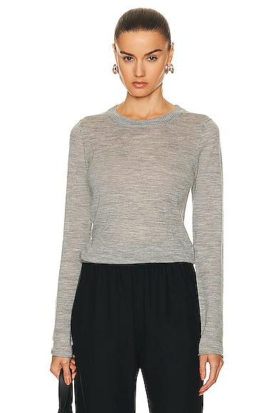 Enza Costa Tissue Cashmere Bold Long Sleeve Crew Top in Heather Grey