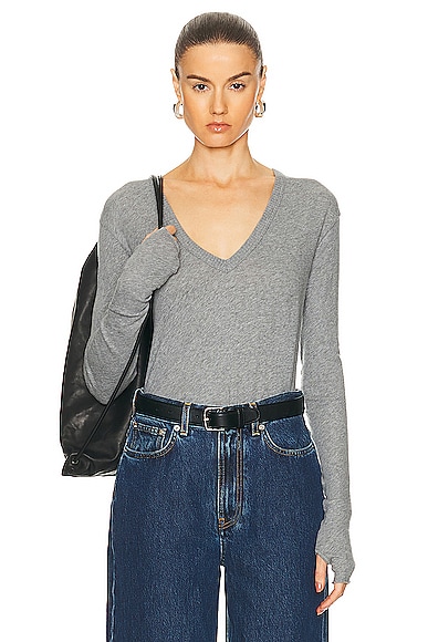 Enza Costa Cashmere Loose Long Sleeve V Top in Smoke
