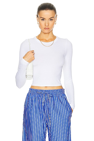 Silk Rib Cropped Long Sleeve Crew Top in White
