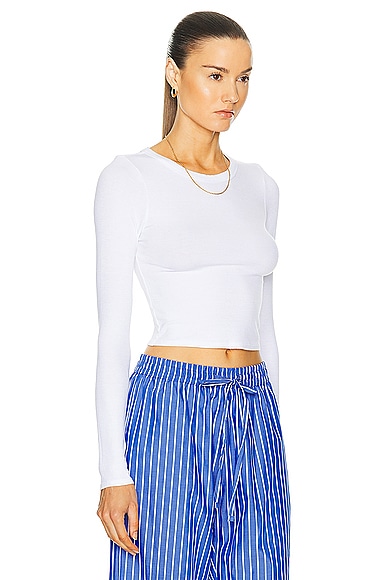 Shop Enza Costa Silk Rib Cropped Long Sleeve Crew Top In White