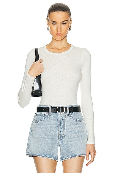 Enza Costa Scallop Edge Pointelle Long Sleeve Crew Top in Cloud