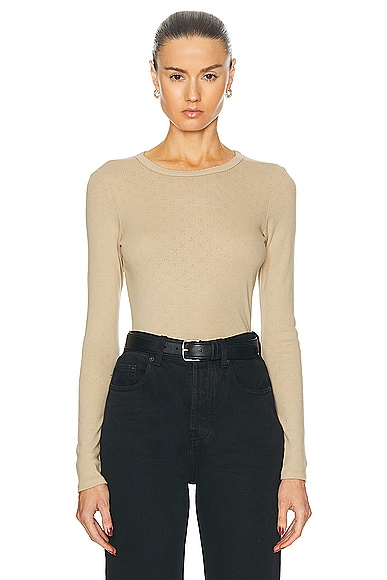 Scallop Edge Pointelle Long Sleeve Crew Top in Tan