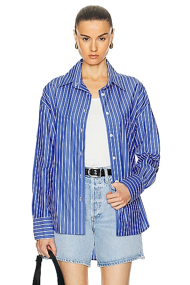 Enza Costa Poplin Long Sleeve Shirt in Blue & White