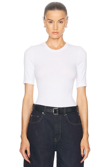 Enza Costa Linen Knit Half Sleeve Crew Top in White | FWRD