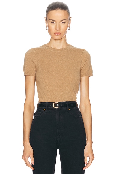 Enza Costa Cashmere Shortsleeve Crewneck Top in Beige