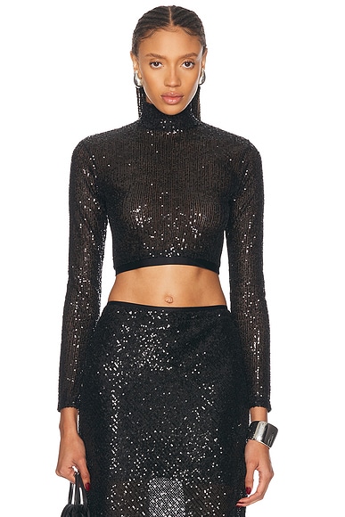 Enza Costa Sequin Cropped Long Sleeve Mock Neck Top in Black